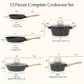 Non - Stick 12 POTS and Pans Set, Cookware Set, Including Frying Pan, Pan, Steamer, Silicone Spatula and Tongs - Granite Cooking Set (Black)