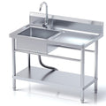 Stainless Steel Utility Sink with Cold and Hot Water Pipes, Free Standing Single Bowl Commercial Kitchen Sink with Workbench, Storage Shelf& Faucet, for Kitchen, Bathroom, Farmhouse, Indoor, Outdoor