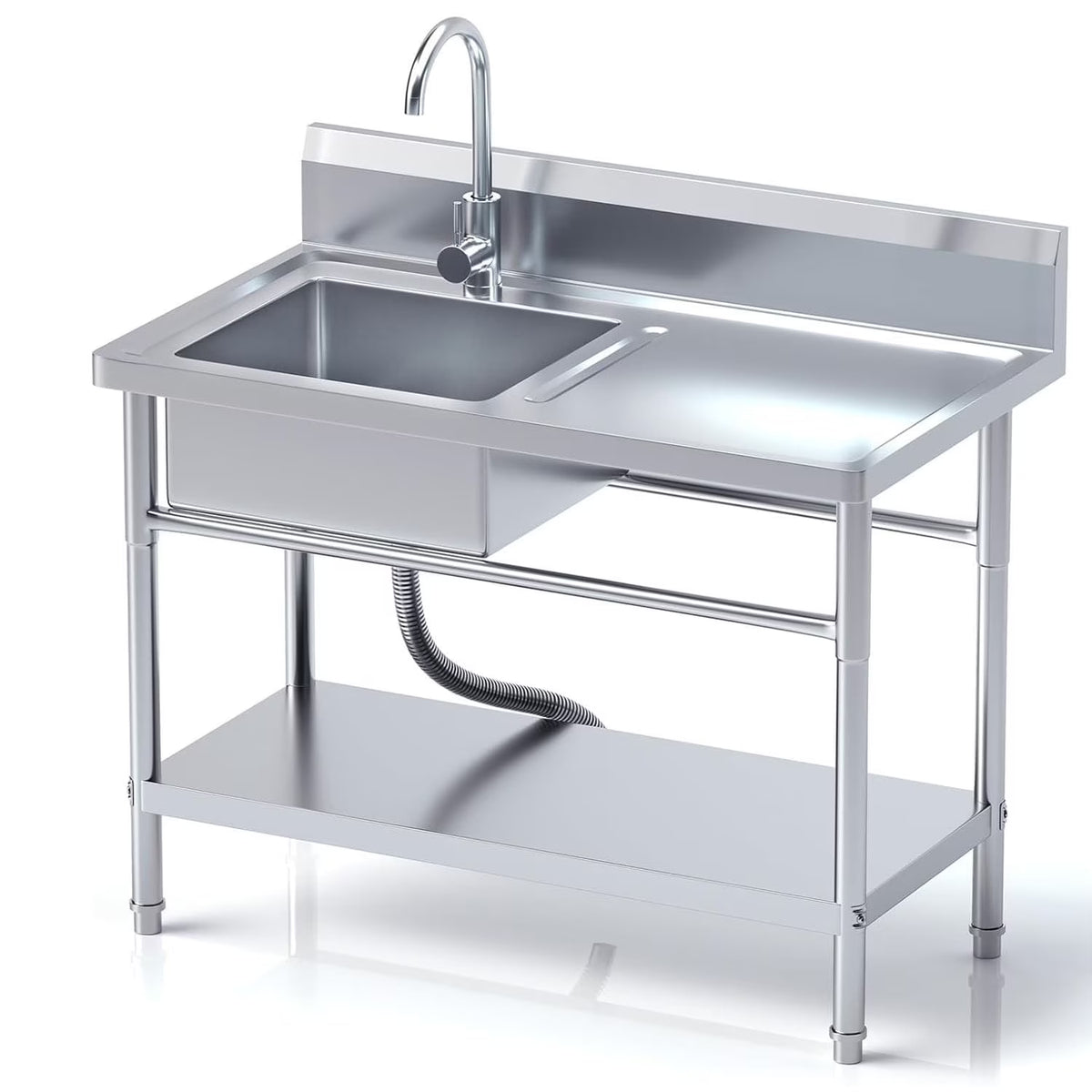 Stainless Steel Utility Sink with Cold and Hot Water Pipes, Free Standing Single Bowl Commercial Kitchen Sink with Workbench, Storage Shelf& Faucet, for Kitchen, Bathroom, Farmhouse, Indoor, Outdoor