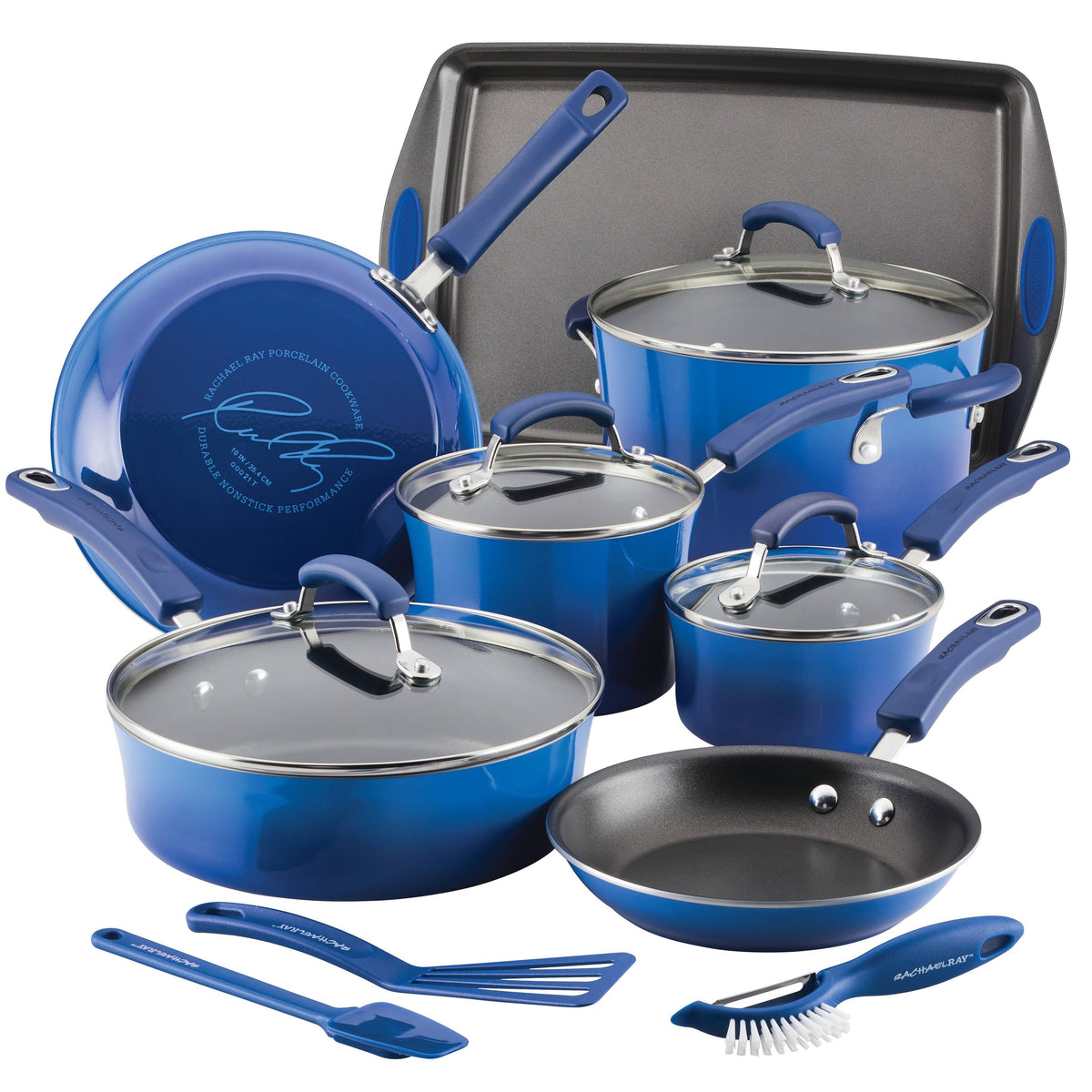 Rachael Ray 14-Pc. Classic Brights Hard Enamel Nonstick Cookware Set - Blue