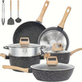Non - Stick 12 POTS and Pans Set, Cookware Set, Including Frying Pan, Pan, Steamer, Silicone Spatula and Tongs - Granite Cooking Set (Black)