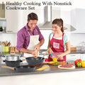 Non - Stick 12 POTS and Pans Set, Cookware Set, Including Frying Pan, Pan, Steamer, Silicone Spatula and Tongs - Granite Cooking Set (Black)
