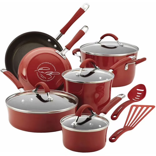 Rachael Ray 12 - Piece Cucina Nonstick Pots and Pans Set, Cookware, Set Cranberry