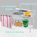 Stainless Steel Utility Sink with Cold and Hot Water Pipes, Free Standing Single Bowl Commercial Kitchen Sink with Workbench, Storage Shelf& Faucet, for Kitchen, Bathroom, Farmhouse, Indoor, Outdoor