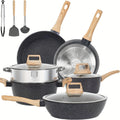 Non - Stick 12 POTS and Pans Set, Cookware Set, Including Frying Pan, Pan, Steamer, Silicone Spatula and Tongs - Granite Cooking Set (Black)