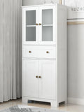 Ktaxon 64" Tall Bathroom Storage Cabinet Organizer, Freestanding Kitchen Pantry Cabinet Line Tower with 2 Glass Doors, Large Drawer & 4 Adjustable Shelves for Dining Room Living Room Home Office, White