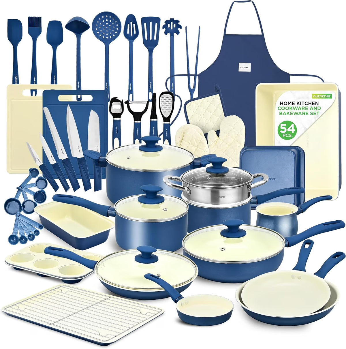 54 - Piece Kitchen Cookware Set - Complete Non - Stick Ceramic Pots and Pans Set with Utensils, Bakeware, and Knife Set, Gas, Electric & Induction Compatible, Blush Pink Kitchen Essentials