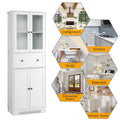 Ktaxon 64" Tall Bathroom Storage Cabinet Organizer, Freestanding Kitchen Pantry Cabinet Line Tower with 2 Glass Doors, Large Drawer & 4 Adjustable Shelves for Dining Room Living Room Home Office, White