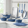 The Pioneer Woman 17 - Piece Ceramic Cookware Set with Strainer Lids and Cookie Sheet with Rack, Blue